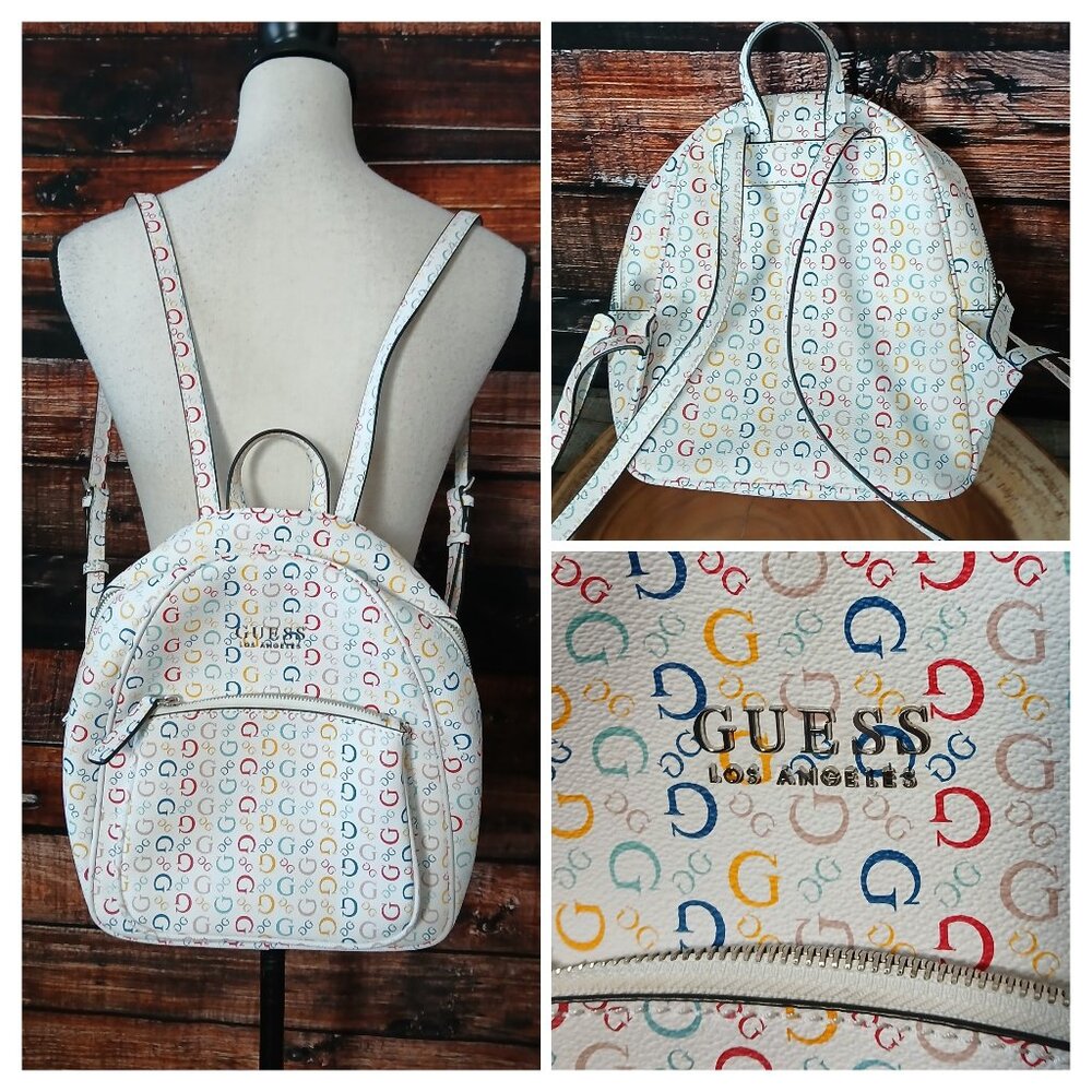 NWOT GUESS Bag Mini Backpack White Rainbow Logo Multi Pockets Adjustable Straps